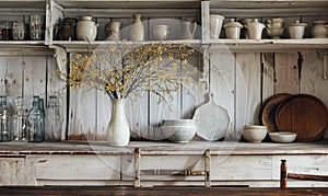 An old farmhouse kitchen with a simple enamel vase with yellow wild flowers