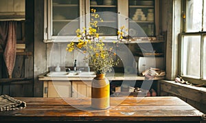 An old farmhouse kitchen with a simple enamel vase with yellow wild flowers