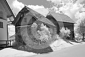 Old Farmhouse with wooden Shingles Infrared BW