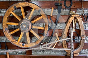 Old farming tools. Agriculture equipment retro collection