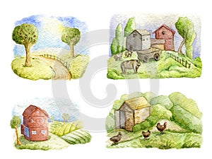 Old farms and rural landscapes set. Fields, houses, trees, domestic animals. Organic farm, local food design concept.