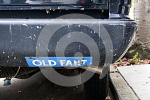 OLD FART bumper sticker on old fart`s bumper