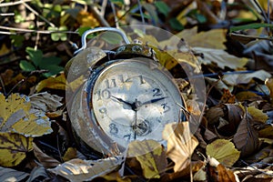 An old fashion alarm clock lies among the foliage on a sunny autumn day