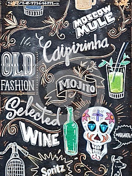 Old fashion words of drinks. Caipirinha, mojito, wine, spritz words. Mexican skull drawing.