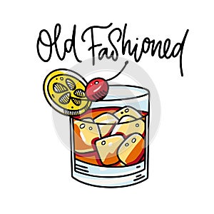 Old Fashioned alcoholic cocktail hand drawn vector illustration. Cartoon style