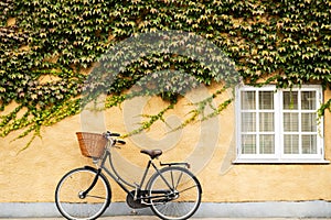 Old Fashioned Bicycle With Basket Against Ivy Covered Building In Oxford