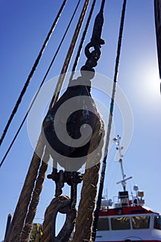 Old fashioned block and tackle on a sailing ship