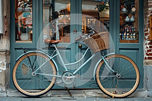 Old-fashioned blue bicycle with basket leaning against a rustic blue door with wreath