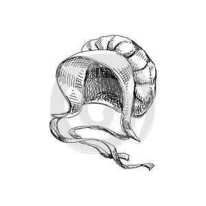 Old-fashioned bonnet, hand drawn black and white vector illustration.