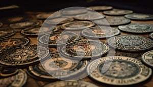 Old fashioned British coins pay off debt, symbolize wealth and abundance generated by AI