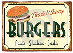 Old Fashioned Burgers and Fries Sign Tin Retro