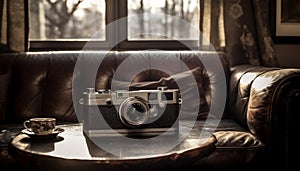 Old fashioned camera on antique table, capturing nostalgic photography themes generated by AI