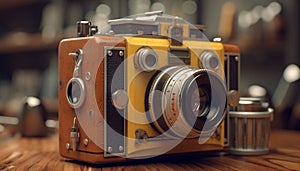 Old fashioned camera with antique wooden body captures nostalgic photography themes generated by AI
