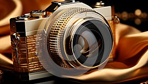 Old fashioned camera on table, photographer capturing image with selective focus generated by AI