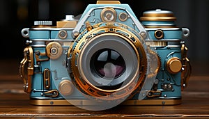 Old fashioned camera on wooden table, capturing history with elegance generated by AI