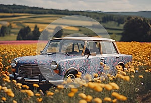 an old - fashioned car parked in front of an overgrown field of wildflowers