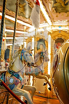 An old-fashioned carousel at night