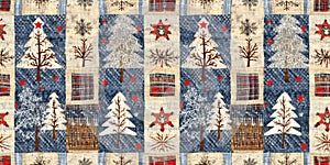 Old-Fashioned christmas tree with primitive hand sewing fabric effect border. Cozy nostalgic homespun winter hand made