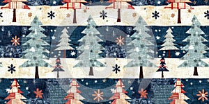 Old-Fashioned christmas tree with primitive hand sewing fabric effect border. Cozy nostalgic homespun winter hand made