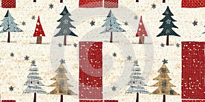 Old-Fashioned christmas tree with primitive hand sewing fabric effect border. Cozy nostalgic homespun winter hand made