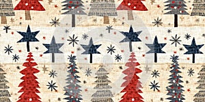 Old-Fashioned christmas tree with primitive hand sewing fabric effect border. Cozy nostalgic homespun winter hand made