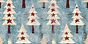 Old-Fashioned christmas tree with primitive hand sewing fabric effect border. Cozy nostalgic homespun winter hand made