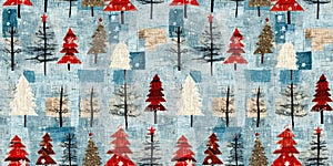 Old-Fashioned christmas tree with primitive hand sewing fabric effect border. Cozy nostalgic homespun winter hand made