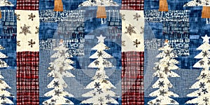 Old-Fashioned christmas tree with primitive hand sewing fabric effect border. Cozy nostalgic homespun winter hand made