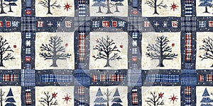 Old-Fashioned christmas tree with primitive hand sewing fabric effect border. Cozy nostalgic homespun winter hand made