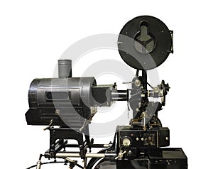 Old-fashioned cinema movie vintage film projector isolated on white