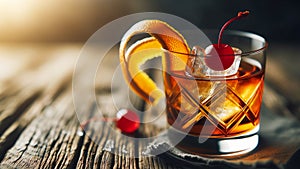 old fashioned cocktail, elegantly served with a twist of orange and a cherry