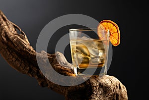 Old fashioned cocktail with ice and dried orange slice on a old snag