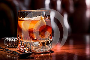 Old fashioned cocktail with orange slice, and orange peel garnish