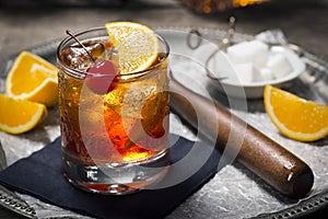 Old Fashioned Cocktail on a Tray with Ingredients