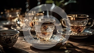 Old fashioned coffee cup on rustic wooden table generated by AI