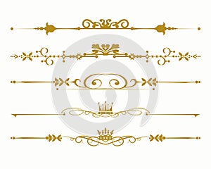 Old-fashioned design elements. Golg in white background. Symbols, crowns, calligraphy, dividers for your design