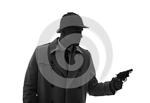 Old fashioned detective with revolver on white background