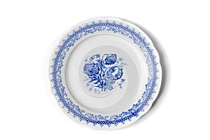 old-fashioned dish decorated with blue floral motifs from above