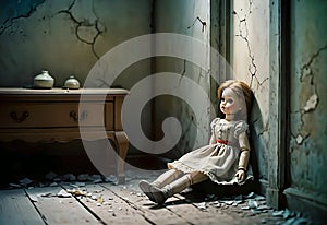 an old fashioned doll with cracked face sits in a room with a table and a clock on the wall