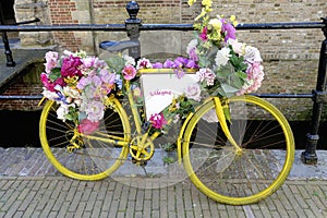 Old-fashioned Dutch city bike near a bridge over canal