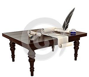 Old-fashioned feather with ink and blank scrolls