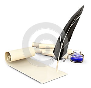 Old-fashioned feather with ink and blank scrolls