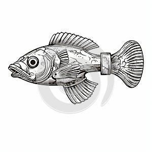 Retro Pipe Wrench Fish Illustration In Vintage Line Art Style