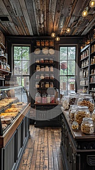 Old-fashioned general store with wooden counters candy jars