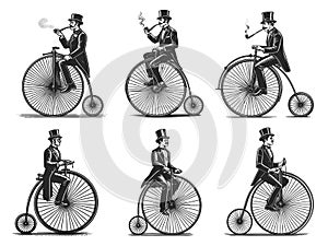 old-fashioned gentleman on bicycle sketch vector