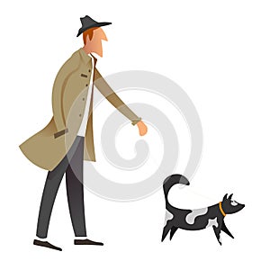 Old fashioned gentleman walking dog, owner and pet