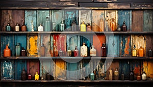 Old fashioned glass bottles on a wooden shelf generated by AI