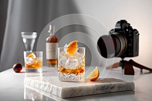 Old fashioned in a glass with ice and a camera on a tripod, generative AI