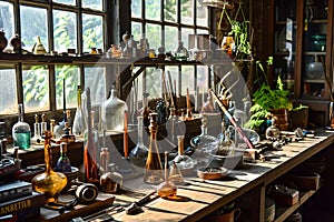 Old-fashioned glassblower's workshop with a variety of tools