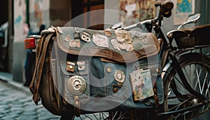 Old fashioned horse saddle on display in famous city store generated by AI